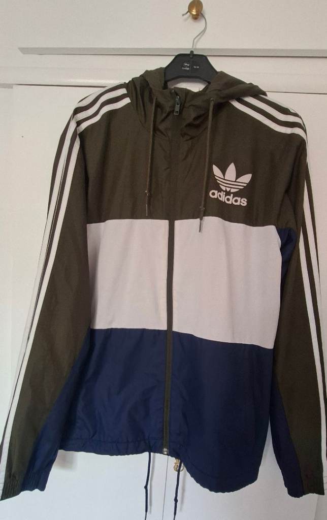 Adidas Windbreaker Jacket - Khaki, White & Navy, Men's M