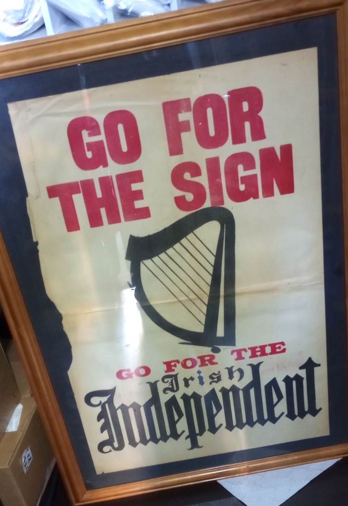Vintage early/mid-century Irish newspaper advert poster (Irish Independent) in A1 size glass framed