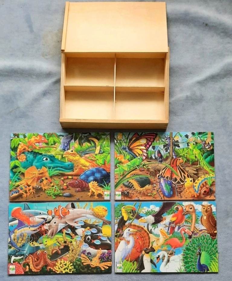 Living Planet 4 Wooden Puzzles + Storage Case – Birds, Bugs, Reptiles & Fish