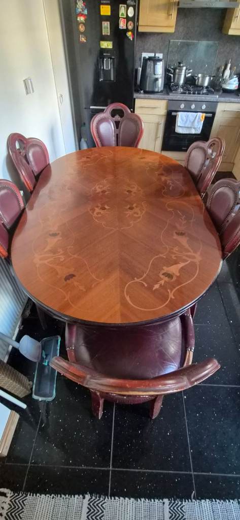 Wooden Dining table and  Chair with Maroon Upholstery