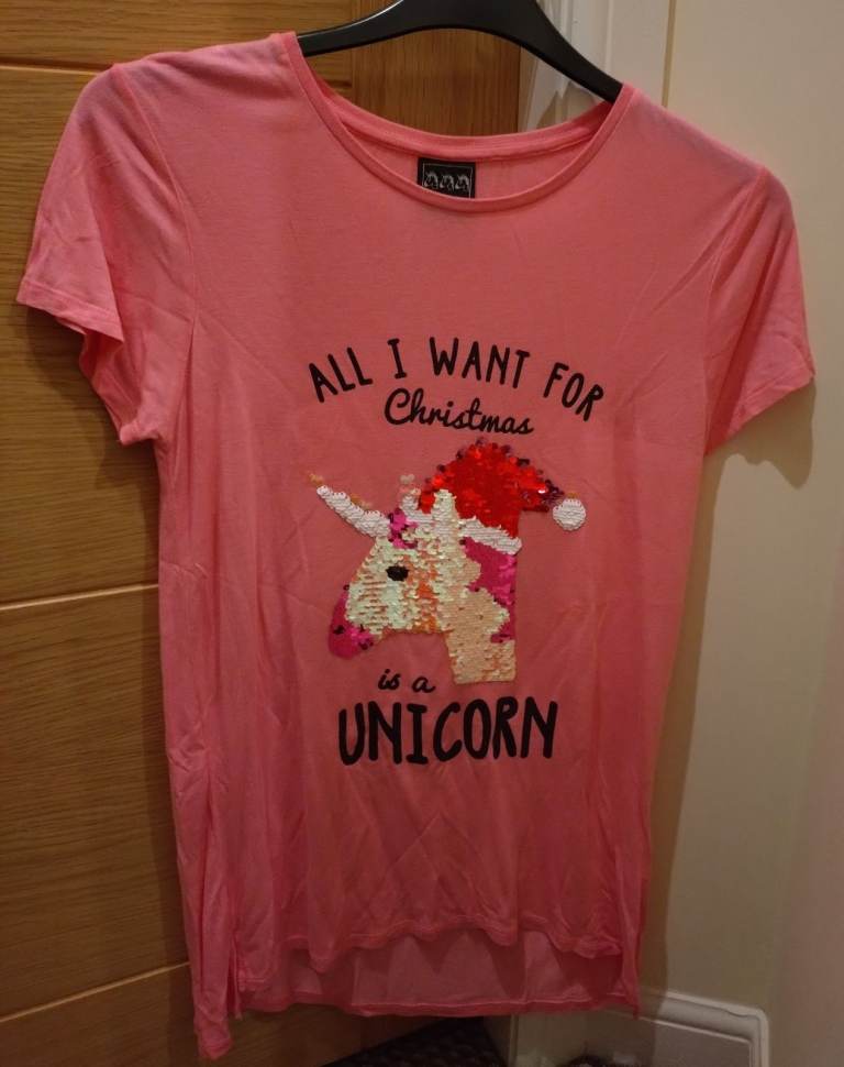 Girls Pink Sequin All I Want For Christmas Is A Unicorn T-shirt 13-14 Years