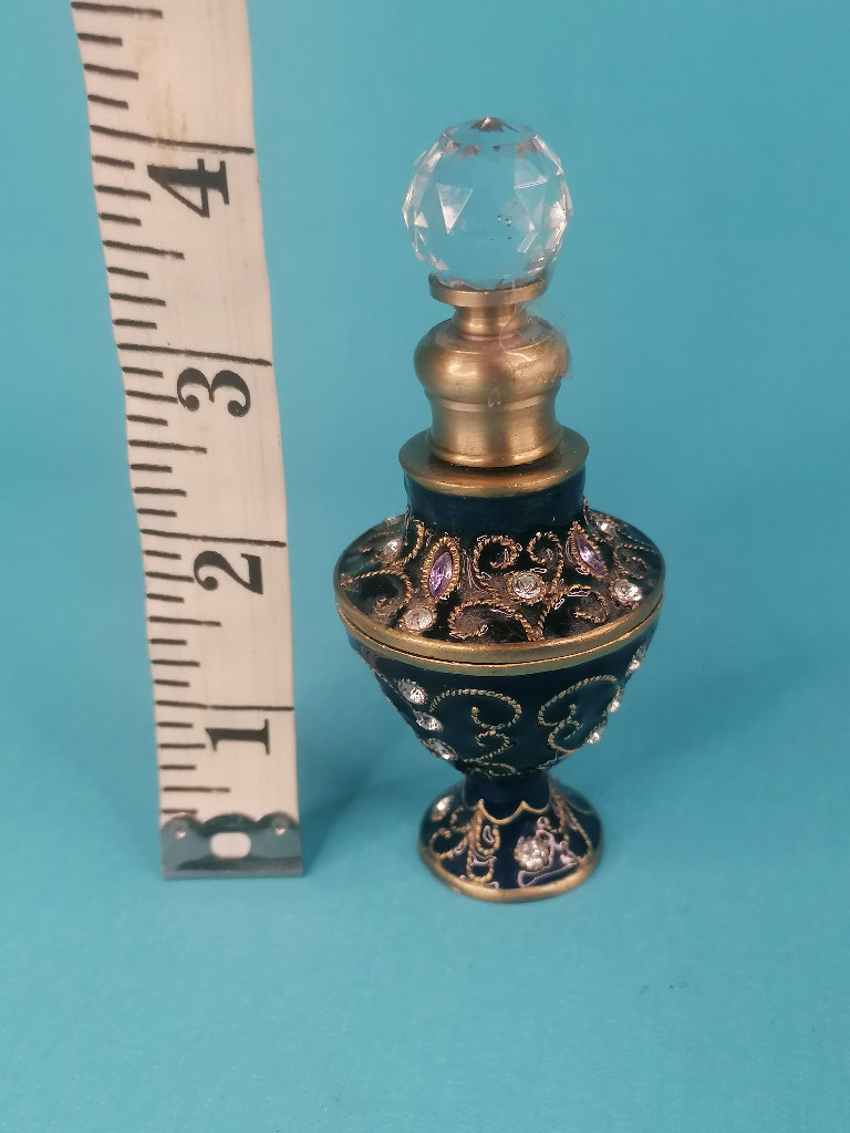 4-inch Vintage Enamel Glass and Crystals Perfume Scent Dressing Table Bottle.