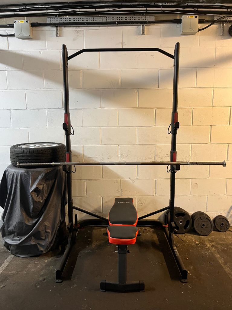 Rack + bench + bar + weights + dumbbell 