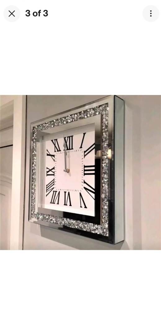 KARINA BAILEY Inspired 35cm Square Crushed Jewel Wall Silver Mirrored Diamante Clock