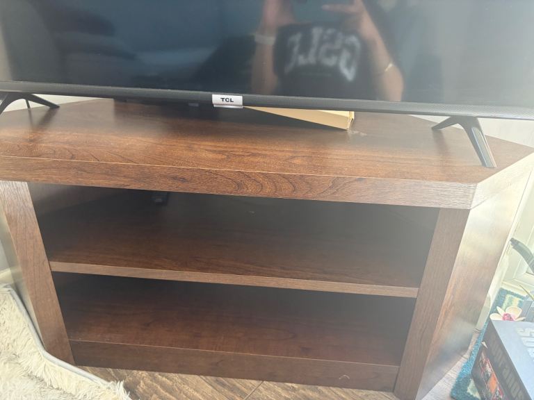 Corner TV Stand with Shelf – Brown Wood Effect, Good Condition