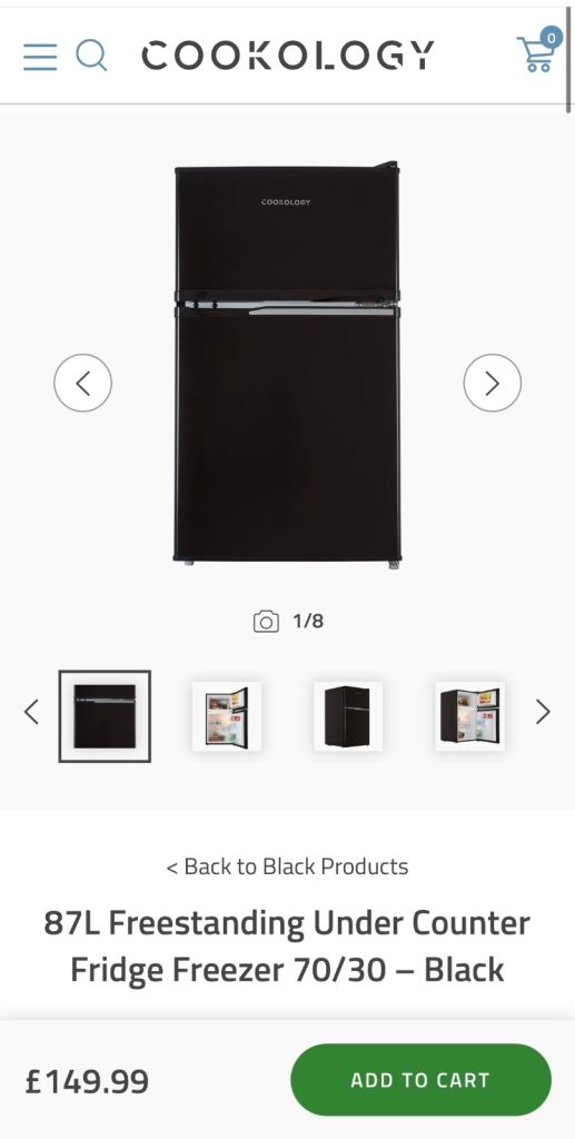 Cookology 87L Under Counter Fridge Freezer - Black, Excellent Condition
