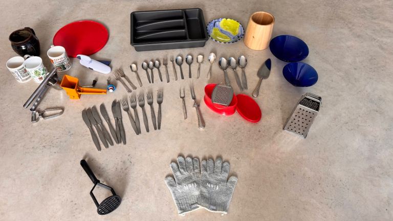Cutlery and Cutlery Tray, Can Opener, Cake Slicer, Graters, Fish Gloves, Potato Mashers, Lazy Susan