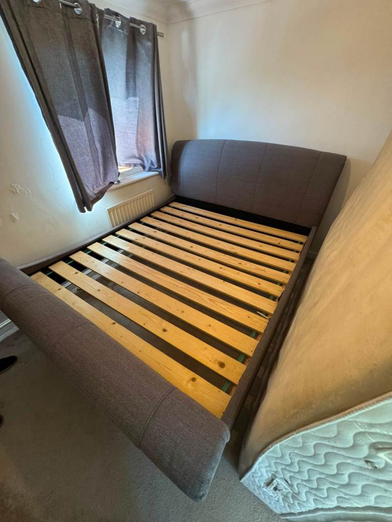 Grey Double Bed Frame with Upholstered Headboard & Footboard – Free Delivery