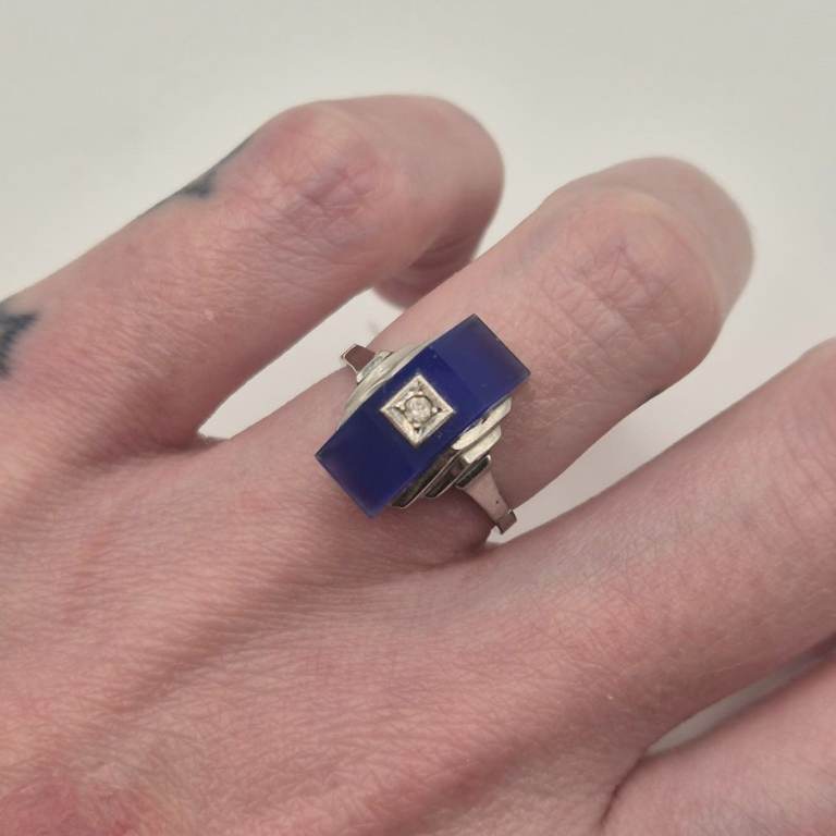 Art deco 9ct white gold, blue glass and diamond ring