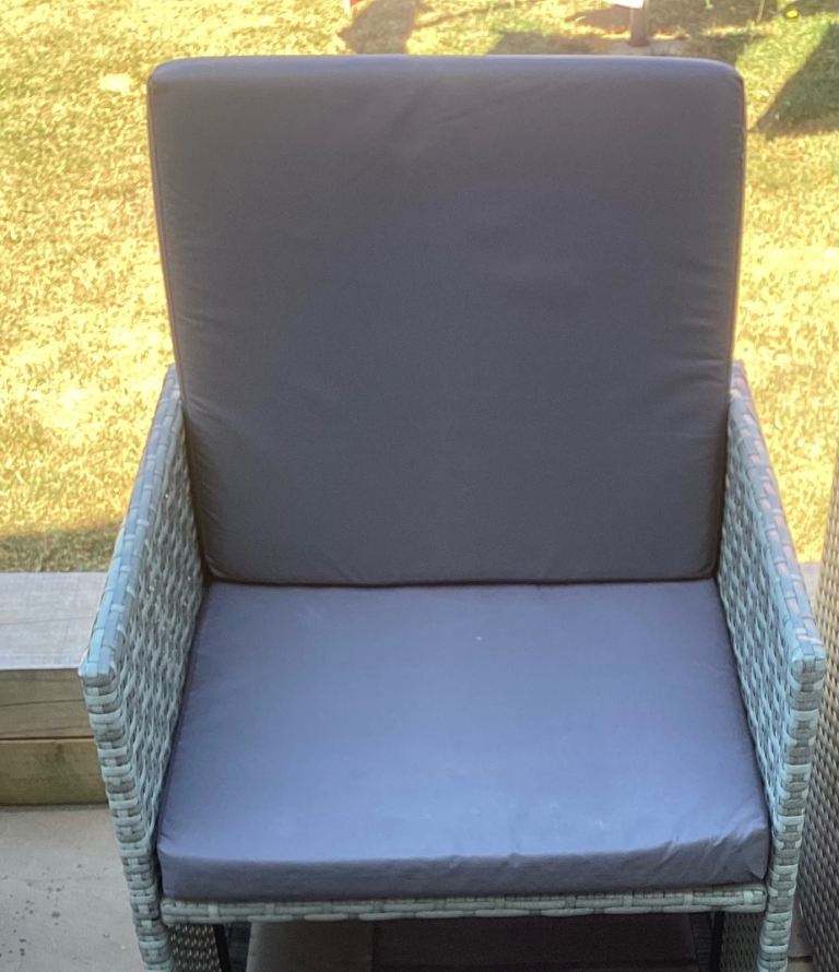 Two Grey Rattan Garden Chairs with Cushions – Good Condition