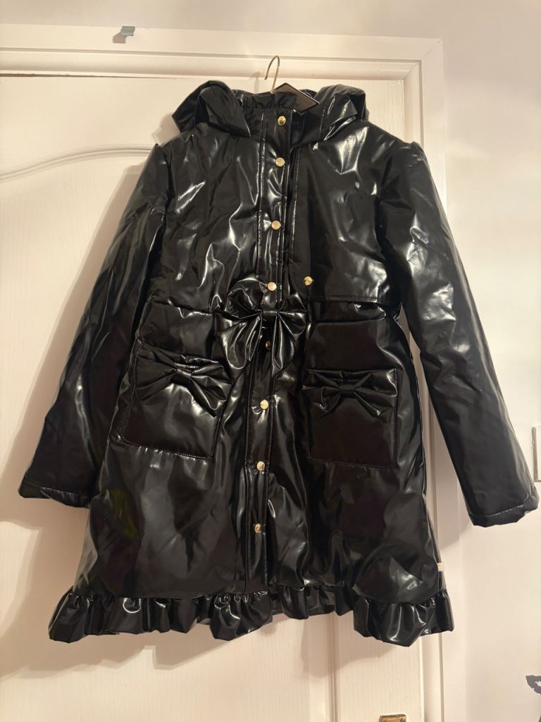 Shiny Black Padded Coat with Hood and Bows – brand new