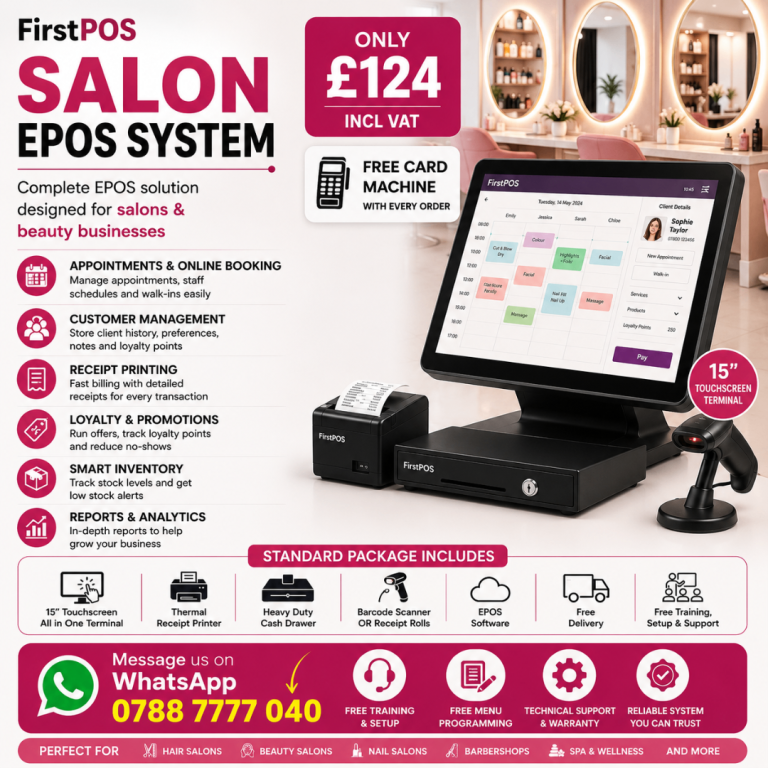 FirstPOS Salon EPOS System with Cash Drawer & Scanner - New