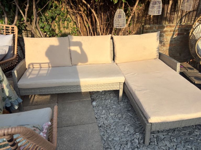Garden Rattan Corner Sofa with Cushions – Good Condition