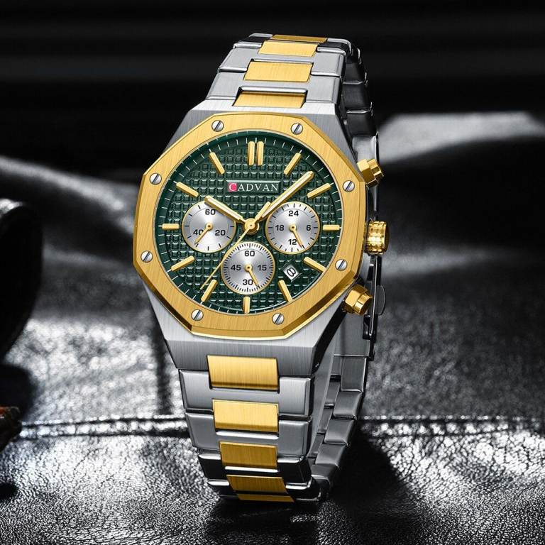 New Gents Heavy Green Face Chronograph Silver/Gold Stainless Steel Bracelet Watch Boxed