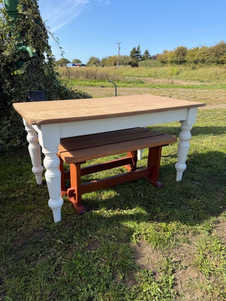 Fab solid pine farmhouse vintage rustic kitchen dining table and two matching benches 