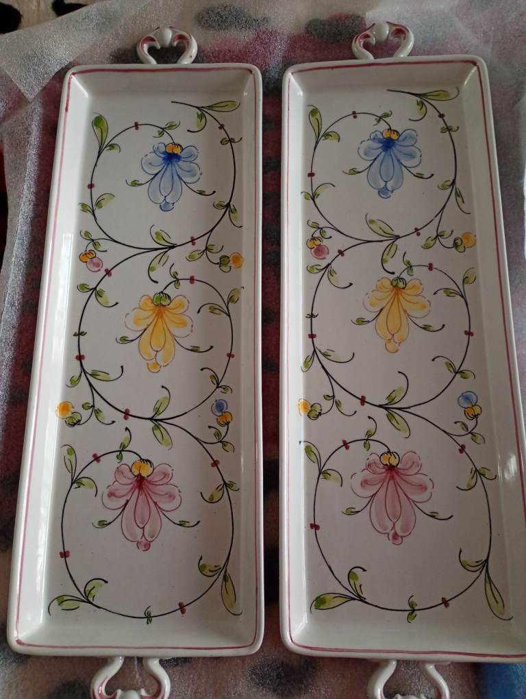 2 x VINTAGE ANFORA AQUEDA PORTUGAL HAND PAINTED RECTANGULAR SERVING SANDWICH TRAY