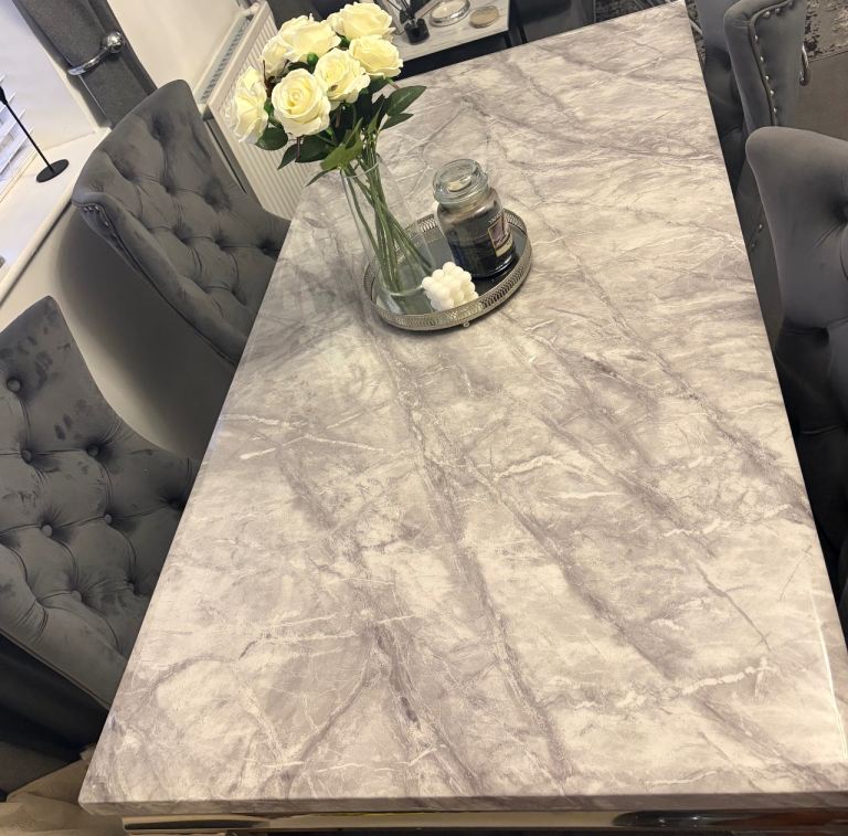 Grey Marble Dining Table & Four Chairs