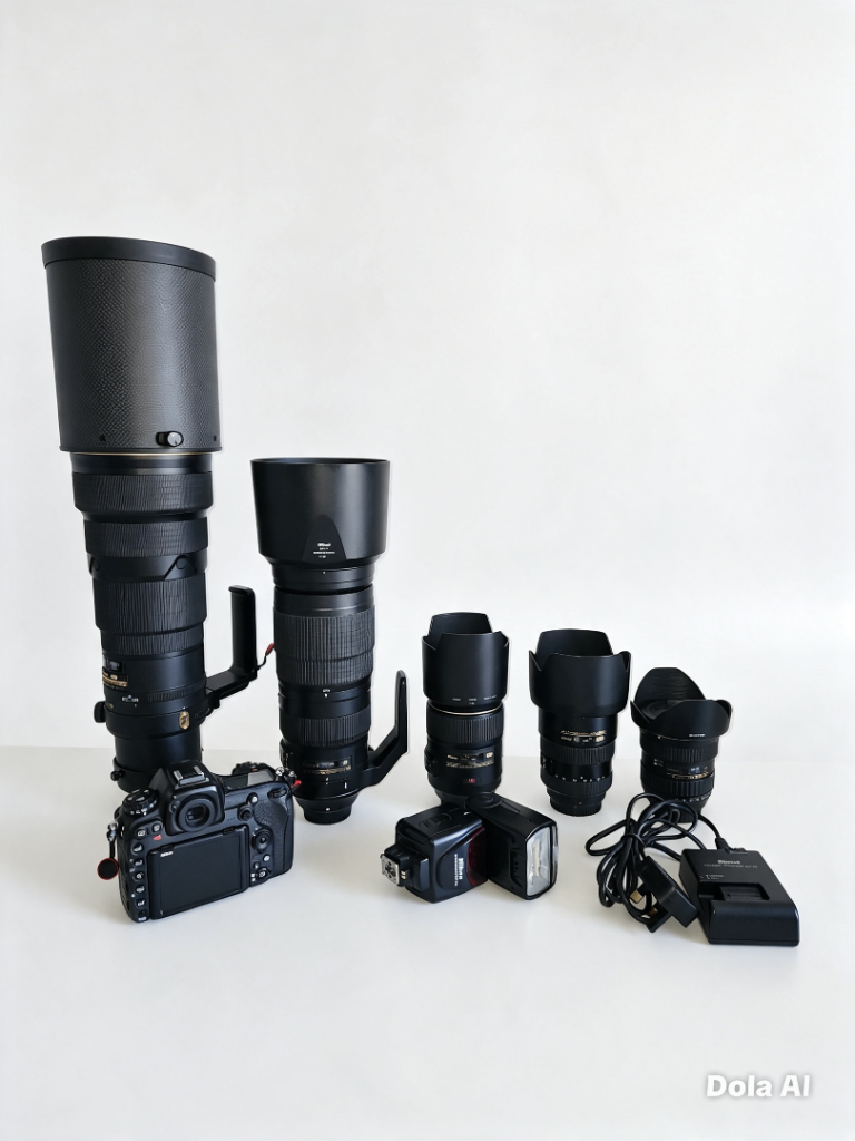 Nikon D500 DSLR Camera with Multiple Lenses and Flash