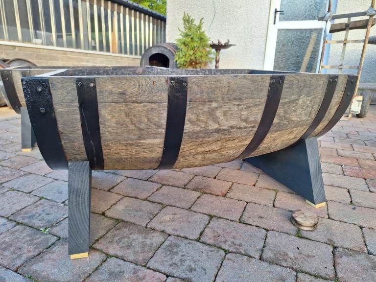 Oak barrel planter for garden patio 