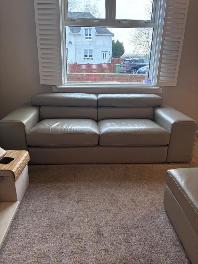 Grey leather sofa 3 seater 1 chair and foot stool 