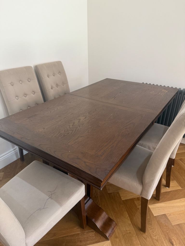 Large Wooden Dining Table with 6 Upholstered Chairs