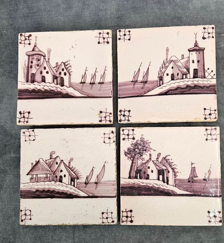 Vintage 4x Manganese (Purple/Brown) Dutch Delft Tiles of Land/Seascape Scenes 