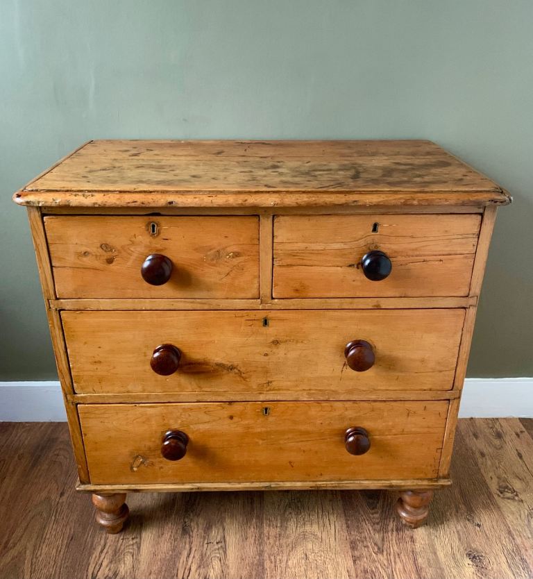 Antique Victorian Rustic Pine & Mahogany Bun Handle Chest of Drawers c1870