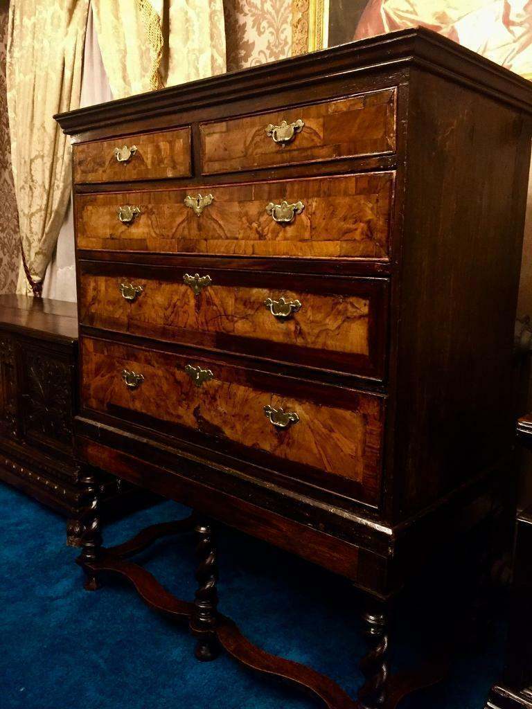 Antique William and Mary chest on stand , drawers . Walnut 17th century