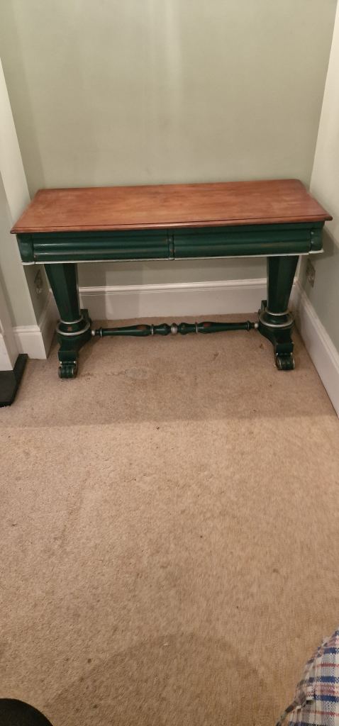 Small Wooden Console Table with Green Base and Drawers