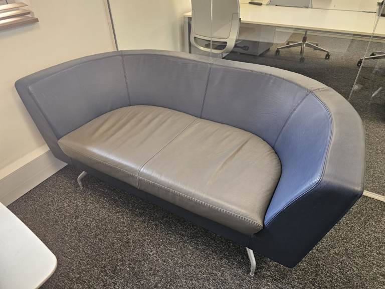 Secondhand Twin matching set of Orangebox Cwtch navy blue and contrast grey leather sofas