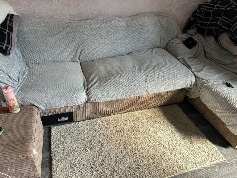 Beige right hand corner sofa bed and pouffe 