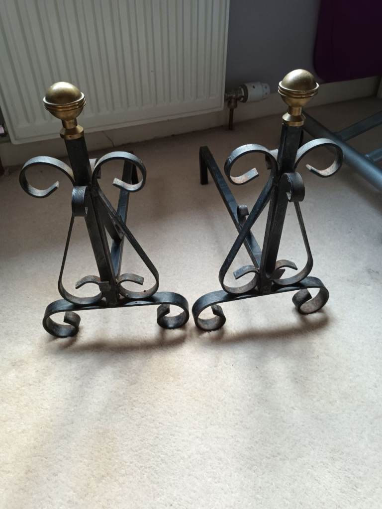 Pair of Wrought Iron Fire Dogs / Andirons - Black & Brass