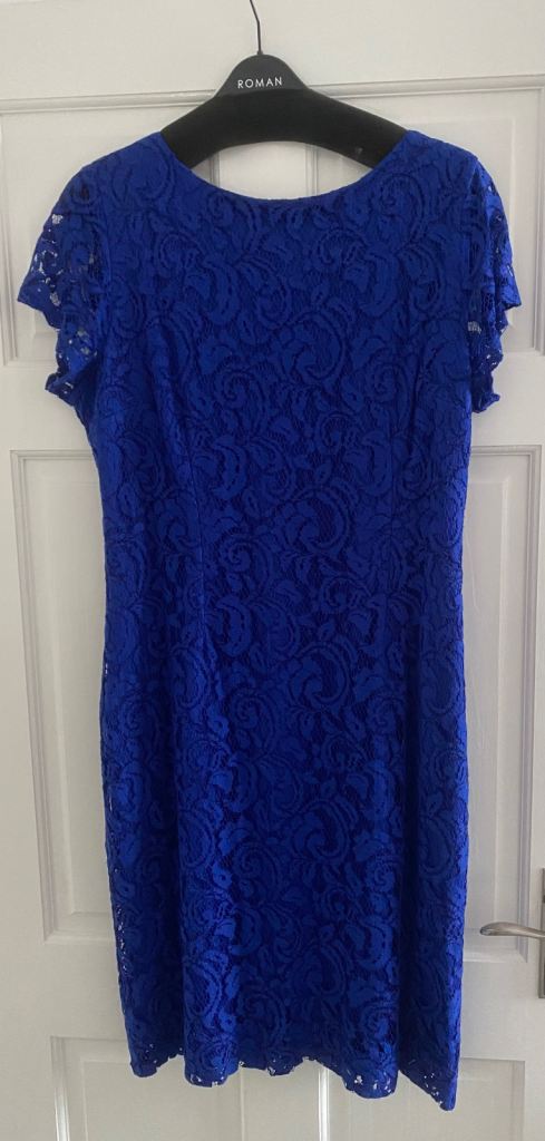 Roman, Blue Floral Lace Shift Dress Size 16 Knee Length Cap Sleeve Lined 