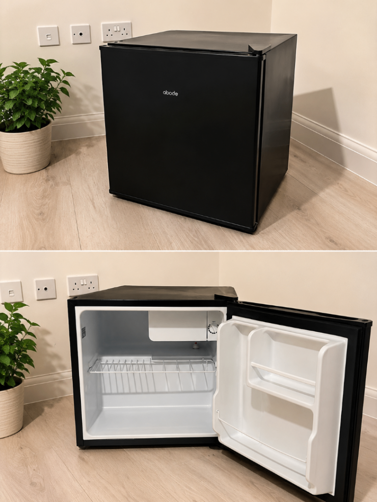 Small fridge with a small freezer, 45L. Abode model: 20ATTF0E1B.