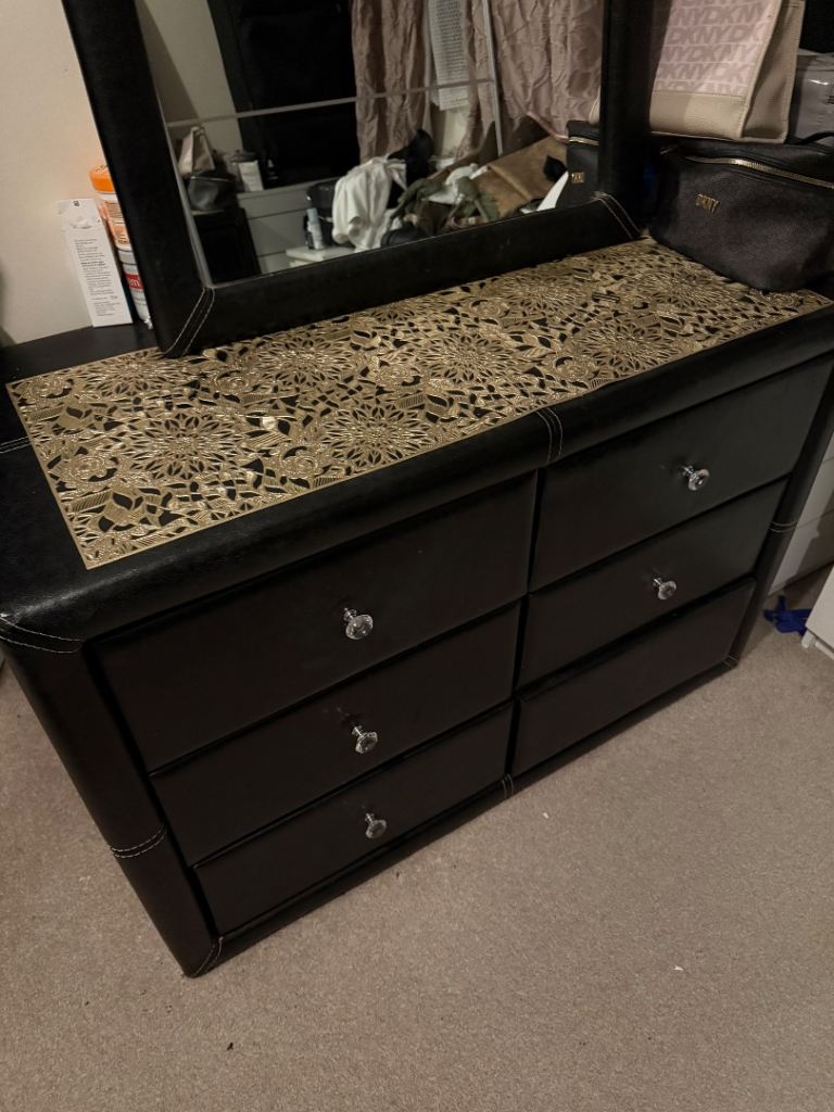 Black Leather Chest of Drawers with Mirror – Good Condition