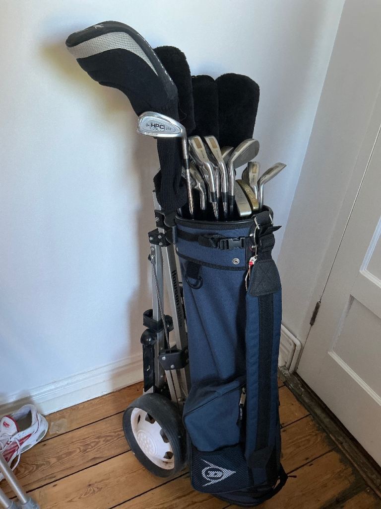 Full set Dunlop bimetal golf clubs, bag and trolley 