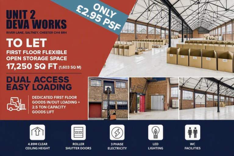 To Let only £2.95 per sq.ft - warehouse unit 17,250sq.ft (2.5 ton goods lift & first-floor loading) 