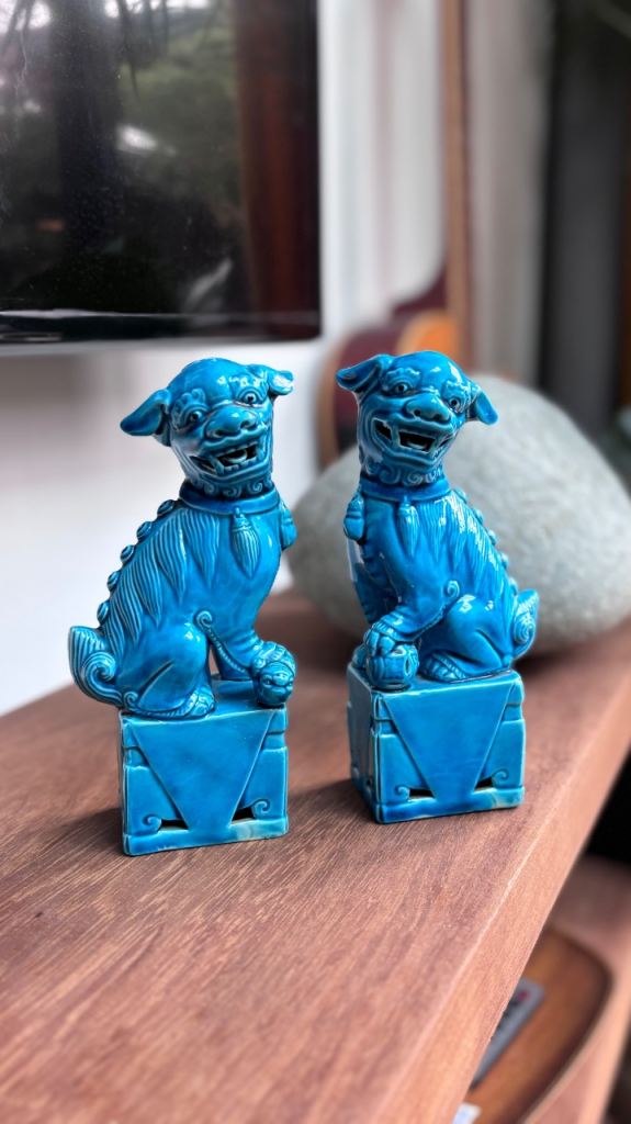 Vintage Blue Ceramic Foo Dogs / Chinese Guardian Lions – 20cm