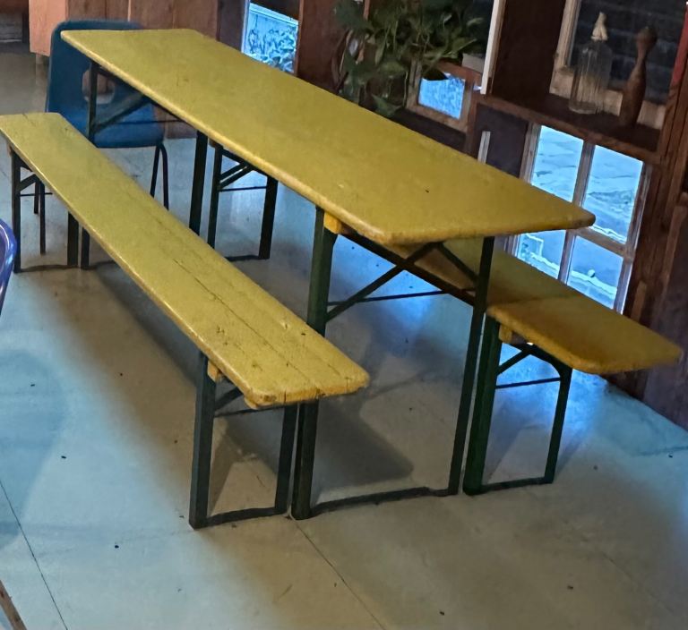 Vintage German Beer Hall Tables and Benches Set of 6 Pub Bar Wood w Metal Legs