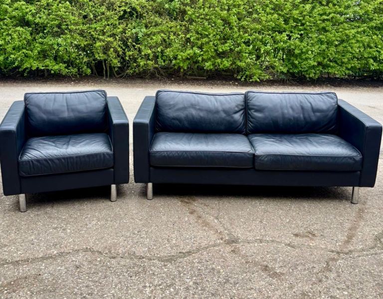Mid Century Black Leather Sofa Set 