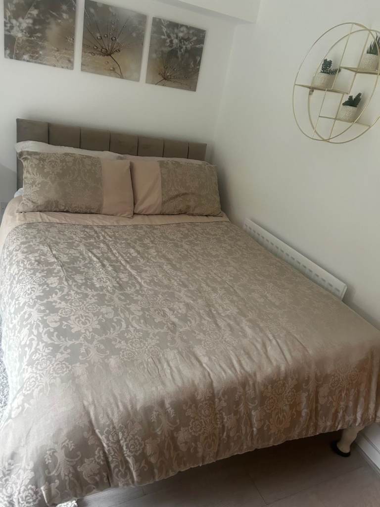 Double Bed Frame with Upholstered Fabric Headboard - £120