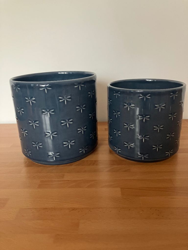 Blue Ceramic Dragonfly 2x plant pot 15cm and 17cm