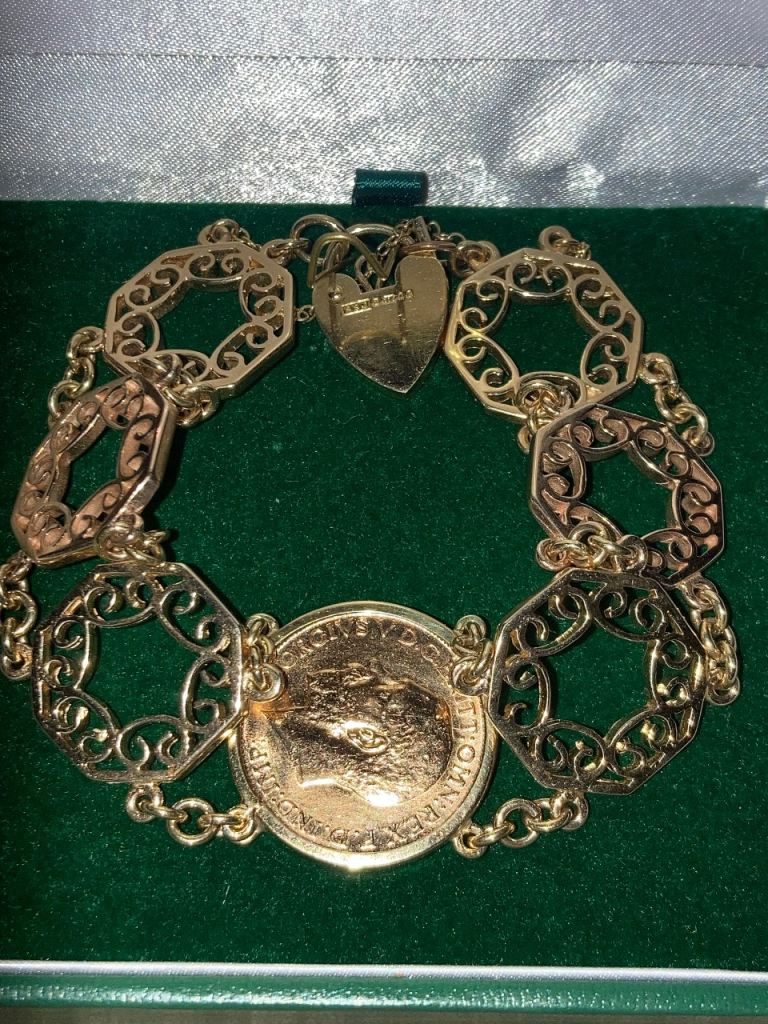 Gold Sovereign Bracelet – 22ct 1912 George V Coin – Solid 9ct Gold – 30.9g Heavy