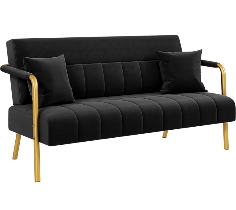 Black Velvet Sofa with Gold Metal Frame – Brand New