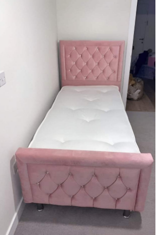 Pink Velvet Single Bed with Mattress 