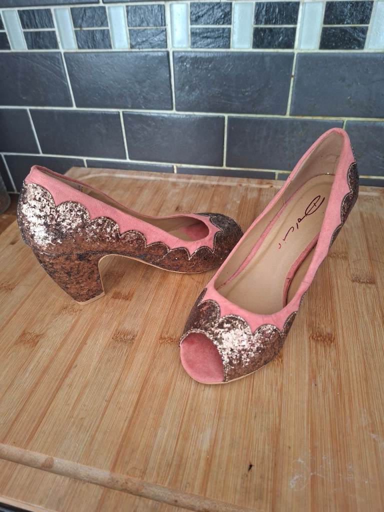 Pink Peep Toe Heels with Gold Glitter Detail also in black