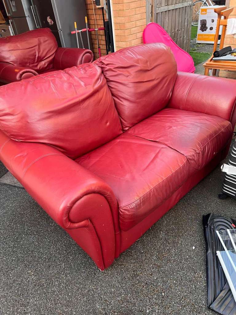Red Leather Sofa Set – 2 Seater + Armchair – for free , Collection Friday or weekend Only 
