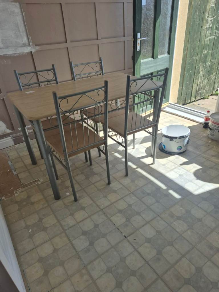 Dining Table and 4 Chairs – Grey Metal and Wood