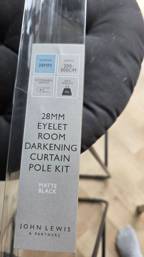New matte black john Lewis 28mm 2-3m curtain pole rail