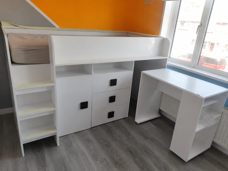 Bunk Bed for Children, Bunk Bed with Wardrobe and desk (mattress not included)